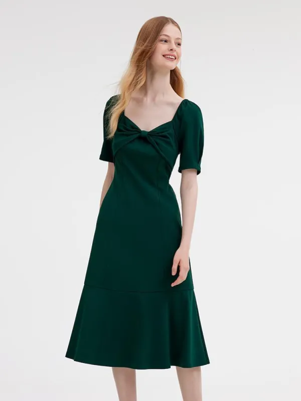Dark Green Midi Dress With Bow sold by Goelia