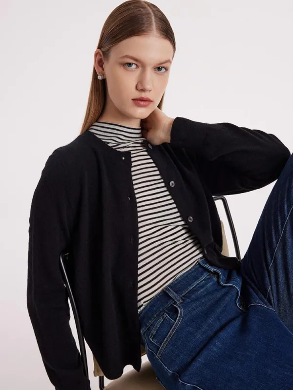 Black Pure Cashmere Round Neck Cardigan sold by Goelia