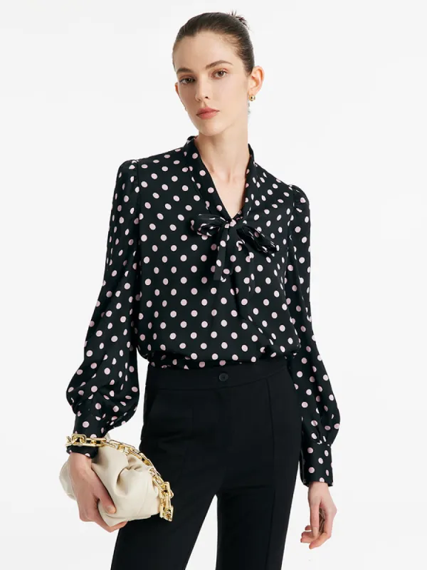 22 Momme Mulberry Silk Polka Dots Printed Women Shirt With Flaps sold by Goelia