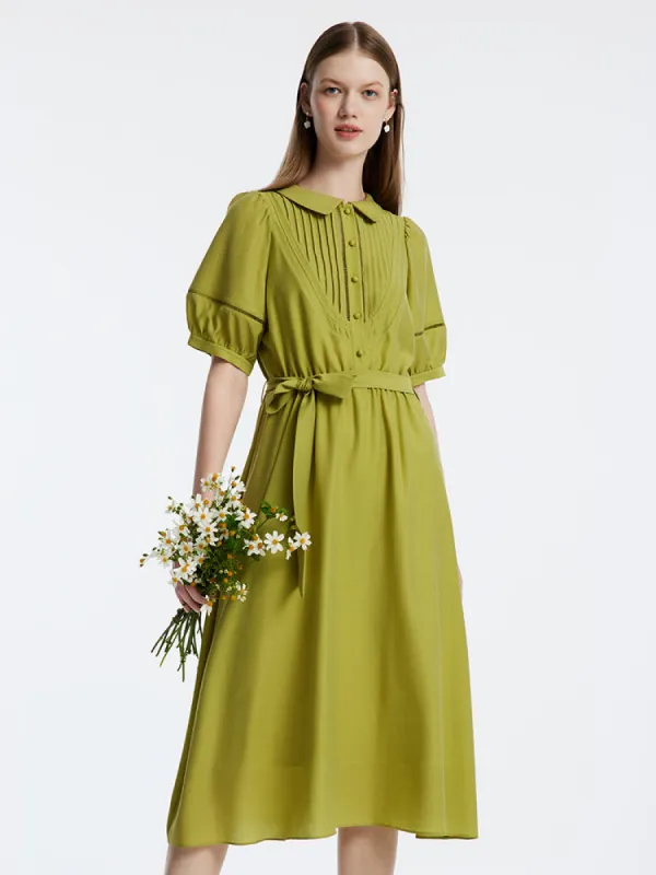 Green Acetate Gathered Waist Midi Dress sold by Goelia