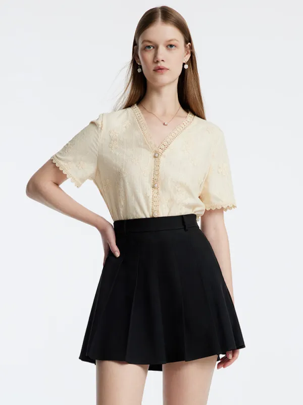Embroidered Mesh Short Sleeve Women Blouse sold by Goelia