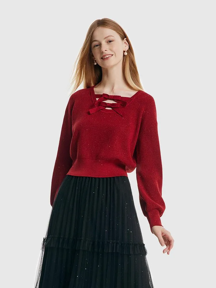 Tencel And Woolen Puff Sleeve Bowknots Women Sweater sold by Goelia
