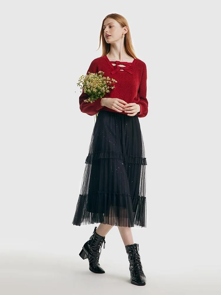 Tencel And Woolen Puff Sleeve Bowknots Women Sweater sold by Goelia product image thumbnail 2