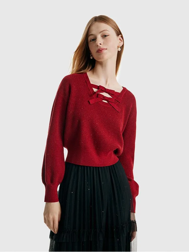 Tencel And Woolen Puff Sleeve Bowknots Women Sweater sold by Goelia product image thumbnail 3