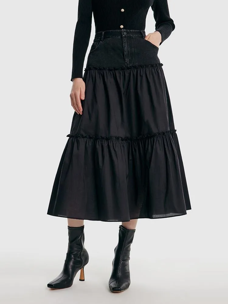 Patchwork Denim Maxi Skirt sold by Goelia