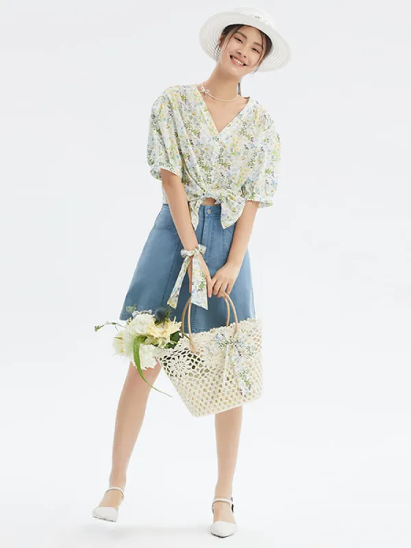 Denim Embroidery A-Line Mini Skirt sold by Goelia