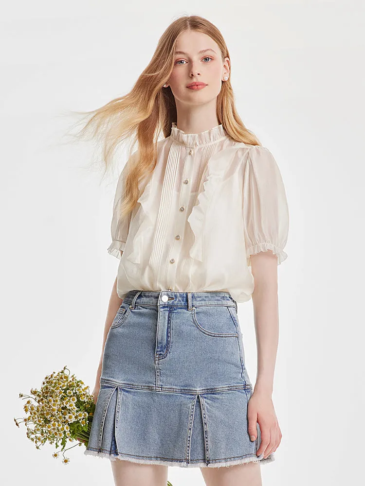Ruffle Woven Shirt With Camisole Top sold by Goelia