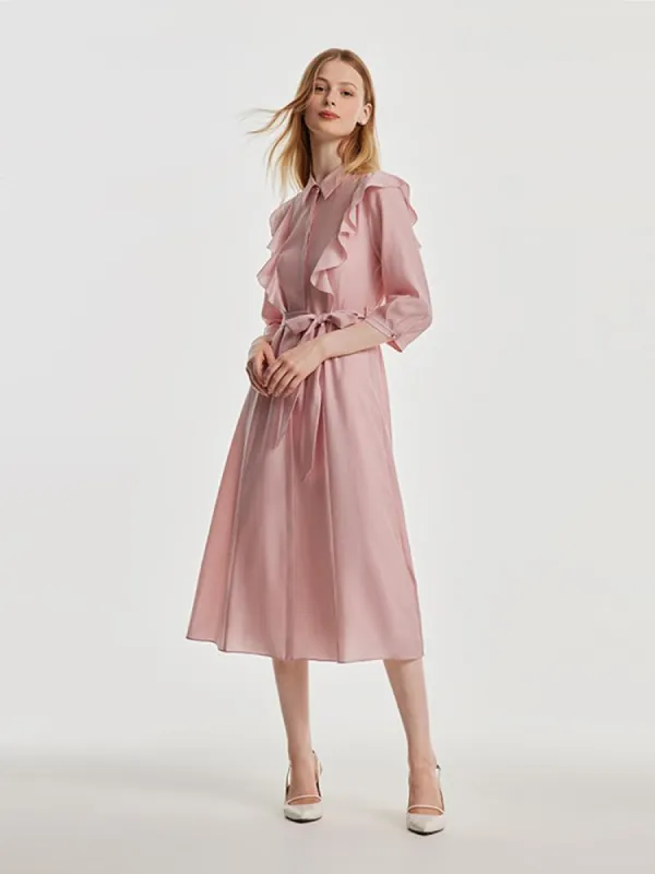 Ruffled Hem Acetate Midi Dress With Belt sold by Goelia