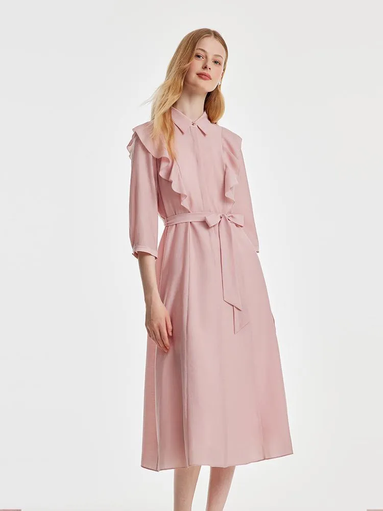 Ruffled Hem Acetate Midi Dress With Belt sold by Goelia product image thumbnail 2