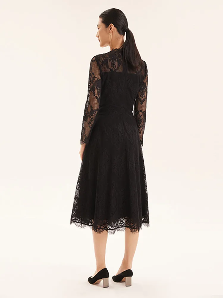 Black Lace Gathered Waist Midi Dress sold by Goelia product image thumbnail 3