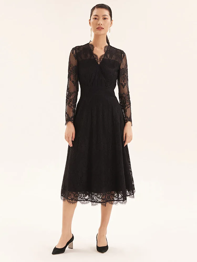 Black Lace Gathered Waist Midi Dress sold by Goelia