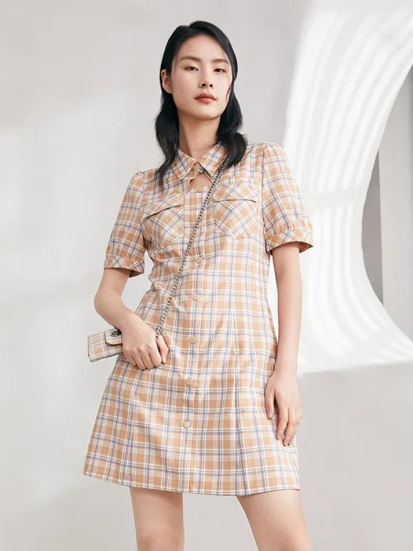 Gathered Waisted Plaid Mini Dress With Chain Bag sold by Goelia