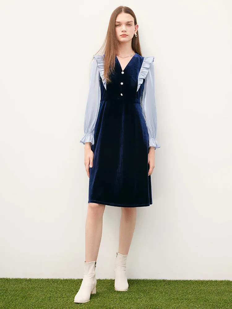 Blue Velvet Patchwork Midi Dress sold by Goelia