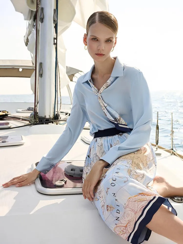 Silk V-Neck Woven Shirt With Silk Scarf sold by Goelia