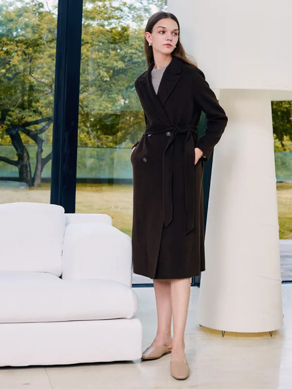 Chocolate Brown Pure Wool Double-Breasted Women Coat sold by Goelia