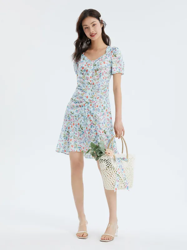 Drawstring Cotton Strawberry Printed Mini Dress sold by Goelia