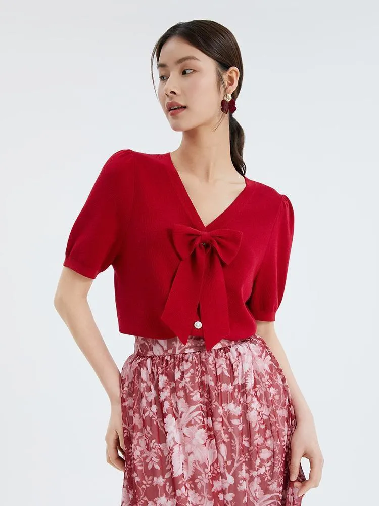 Red V-neck Detachable Bowknot Knit Top sold by Goelia