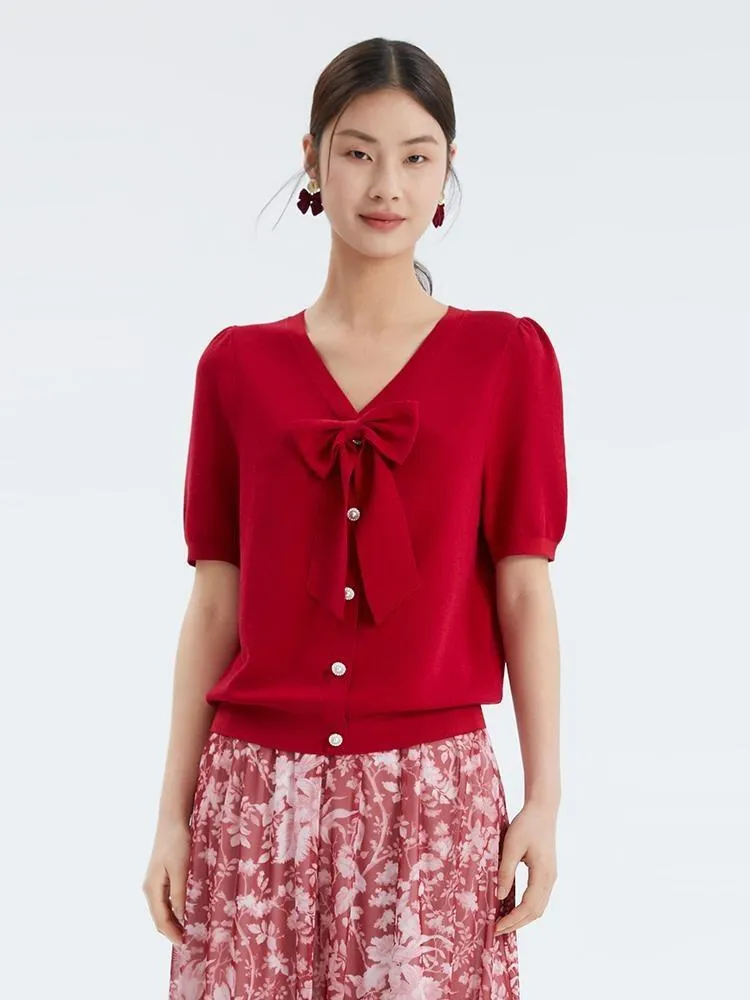 Red V-neck Detachable Bowknot Knit Top sold by Goelia product image thumbnail 4