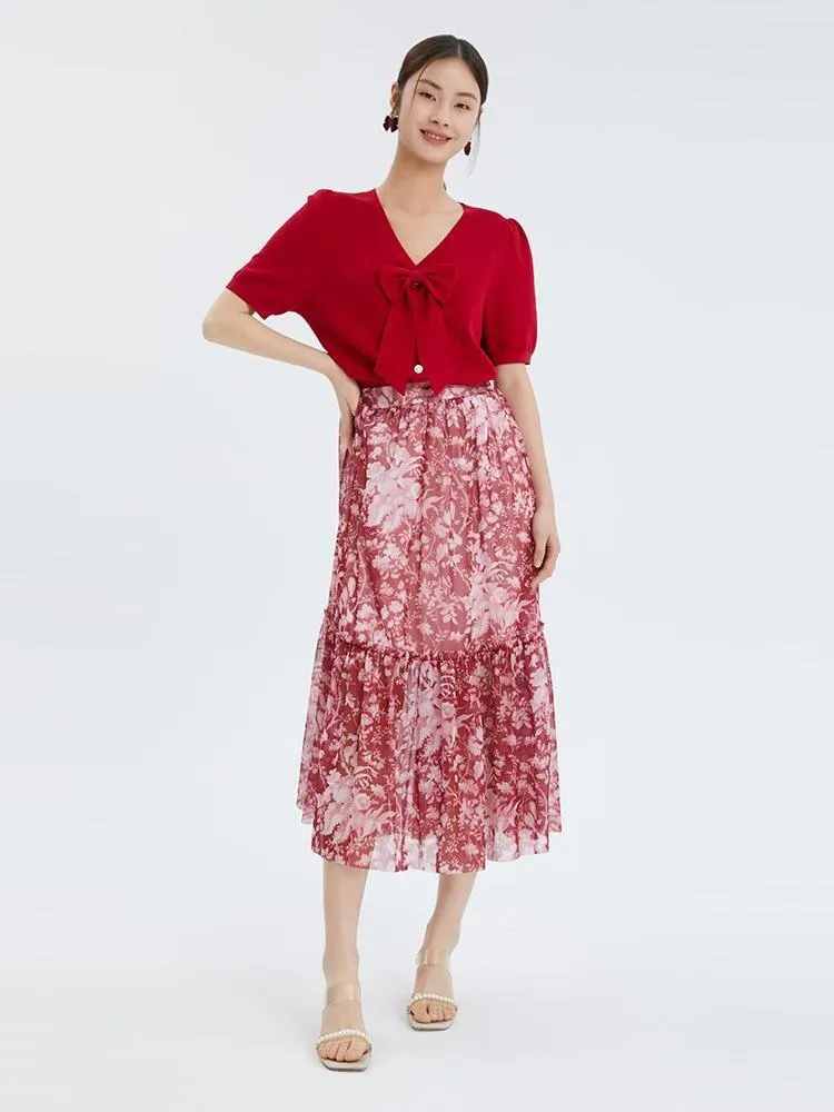 Red V-neck Detachable Bowknot Knit Top sold by Goelia product image thumbnail 2