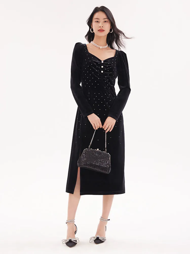 Black Velvet Side Slit Midi Dress sold by Goelia product image thumbnail 2