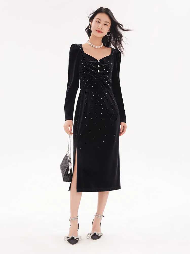 Black Velvet Side Slit Midi Dress sold by Goelia