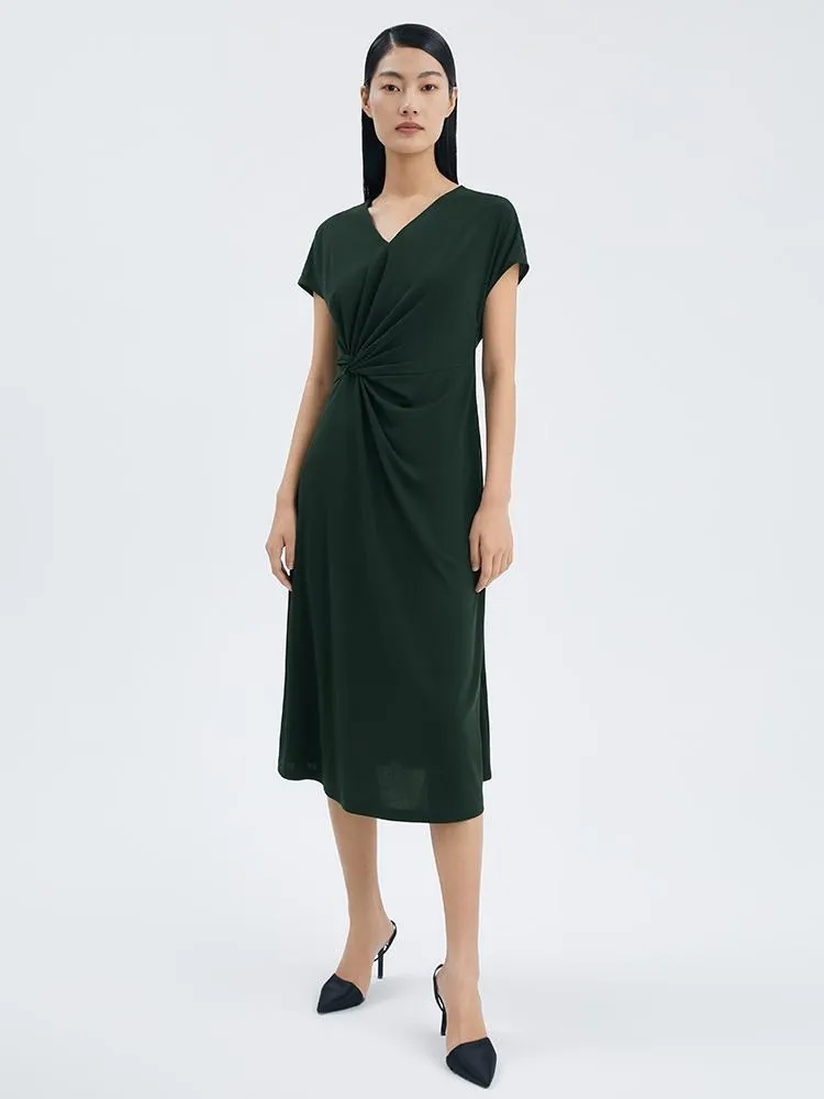Triacetate Asymmetrical Pleated Gathered Waist Midi Dress sold by Goelia