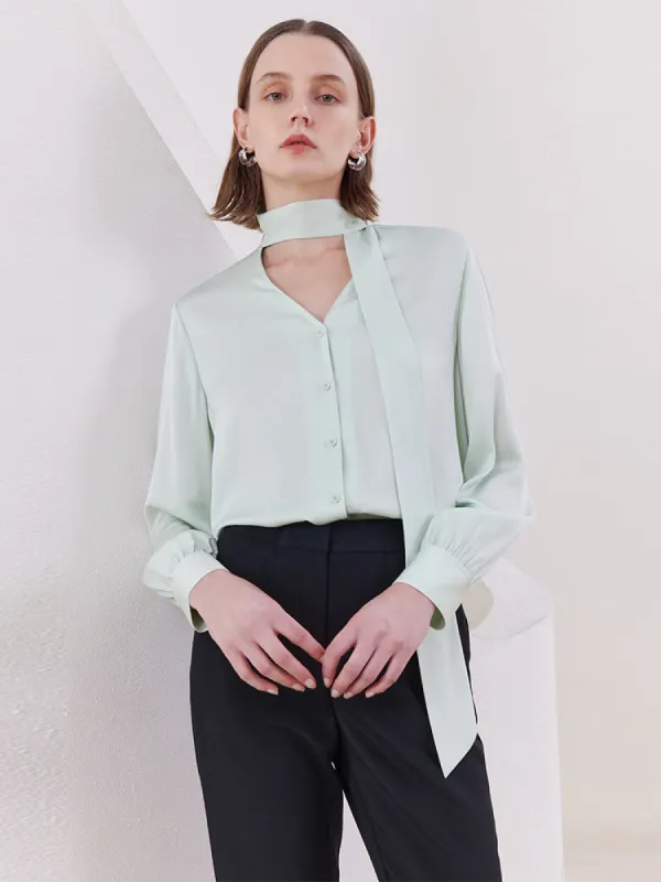 Mint Green 22 Momme Mulberry Silk Women Shirt With Flutter sold by Goelia