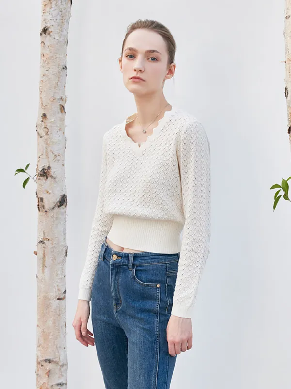 White Jacquard V-neck Combed Cotton Sweater sold by Goelia