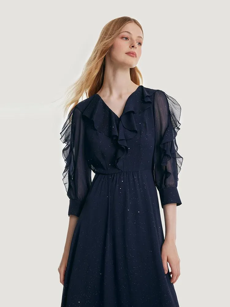 Sequin V-Neck Ruffle Mesh Midi Dress sold by Goelia product image thumbnail 4