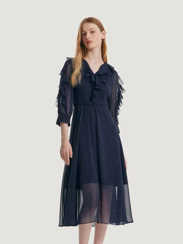 Sequin V-Neck Ruffle Mesh Midi Dress sold by Goelia