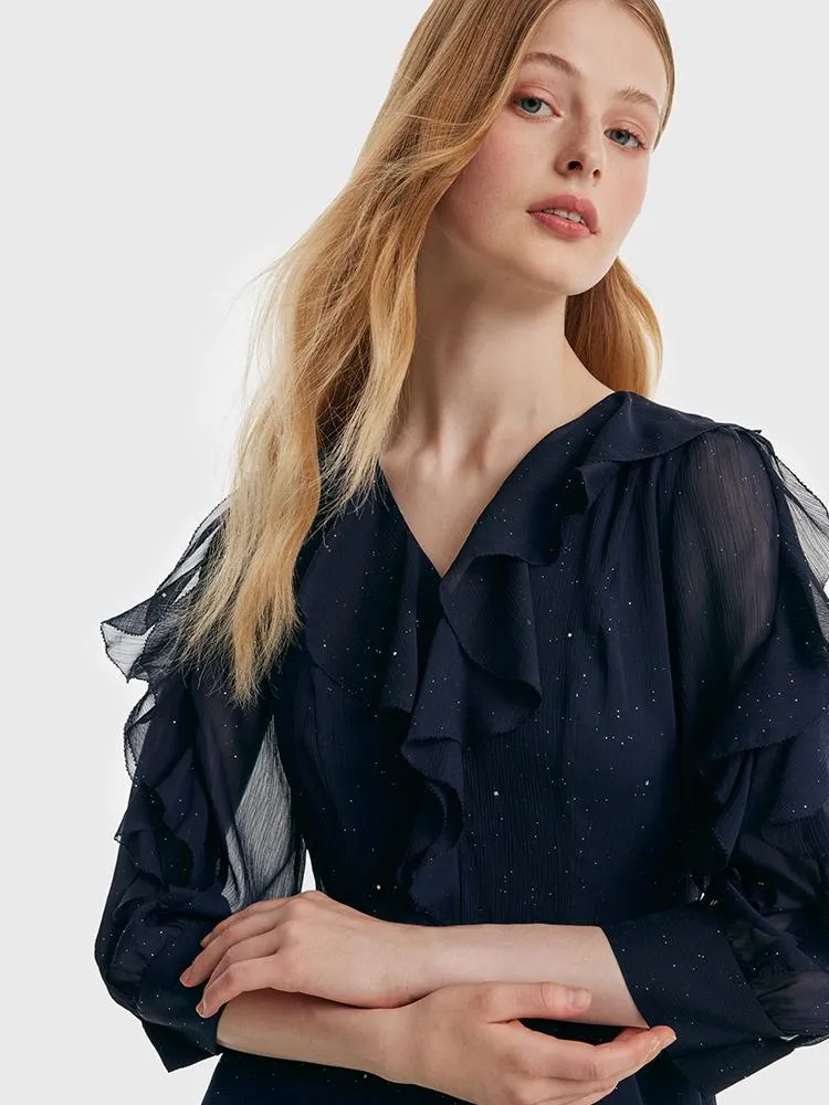 Sequin V-Neck Ruffle Mesh Midi Dress sold by Goelia product image thumbnail 5