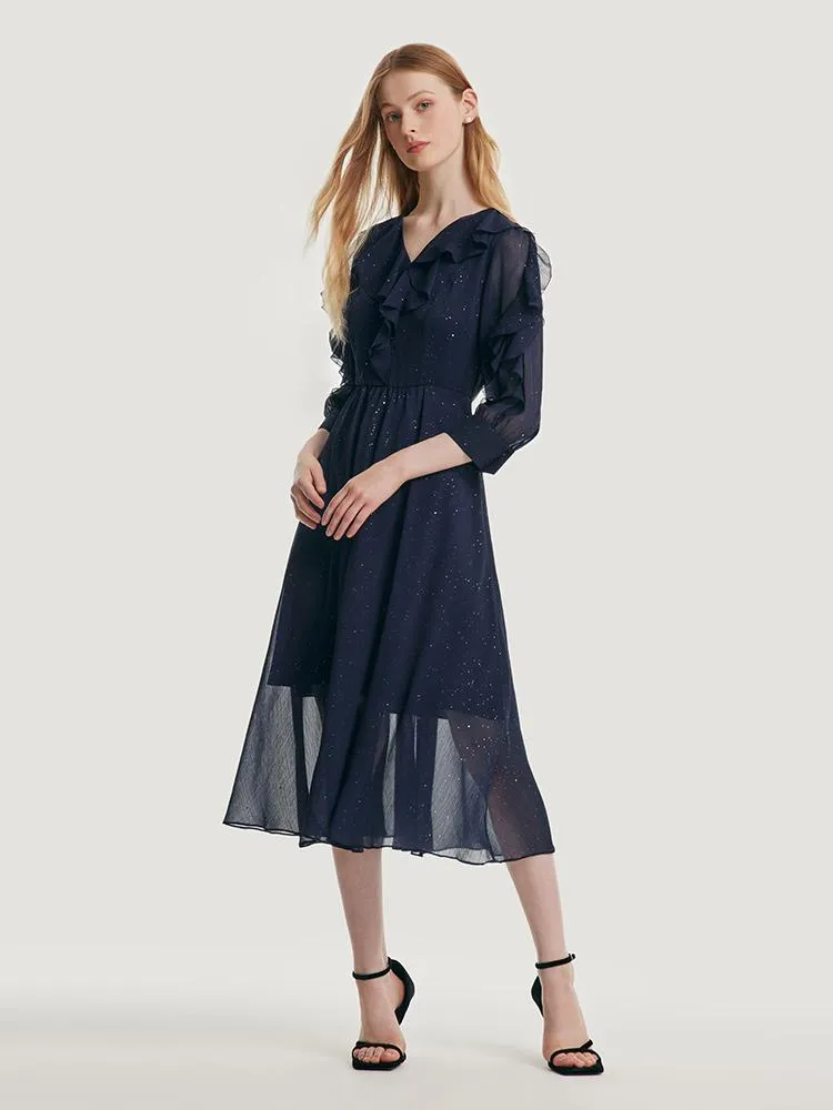 Sequin V-Neck Ruffle Mesh Midi Dress sold by Goelia product image thumbnail 2