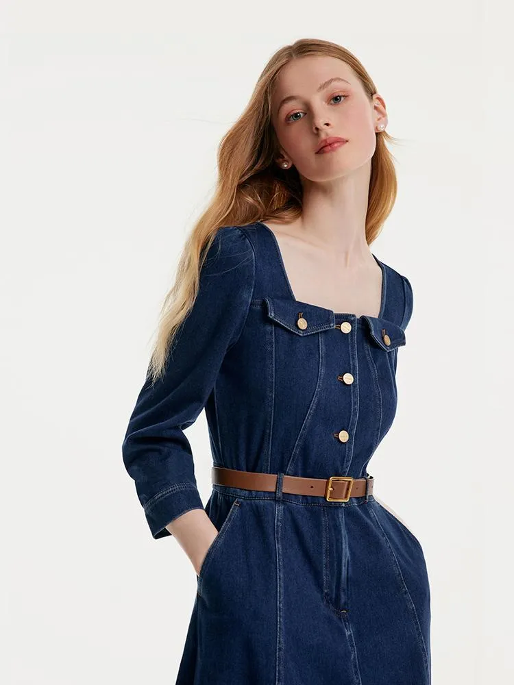 Square Neck Knit Denim Midi Dress With Belt sold by Goelia product image thumbnail 5