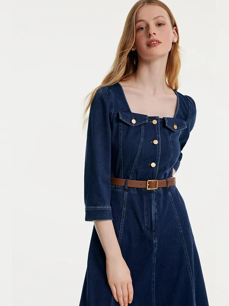 Square Neck Knit Denim Midi Dress With Belt sold by Goelia product image thumbnail 3