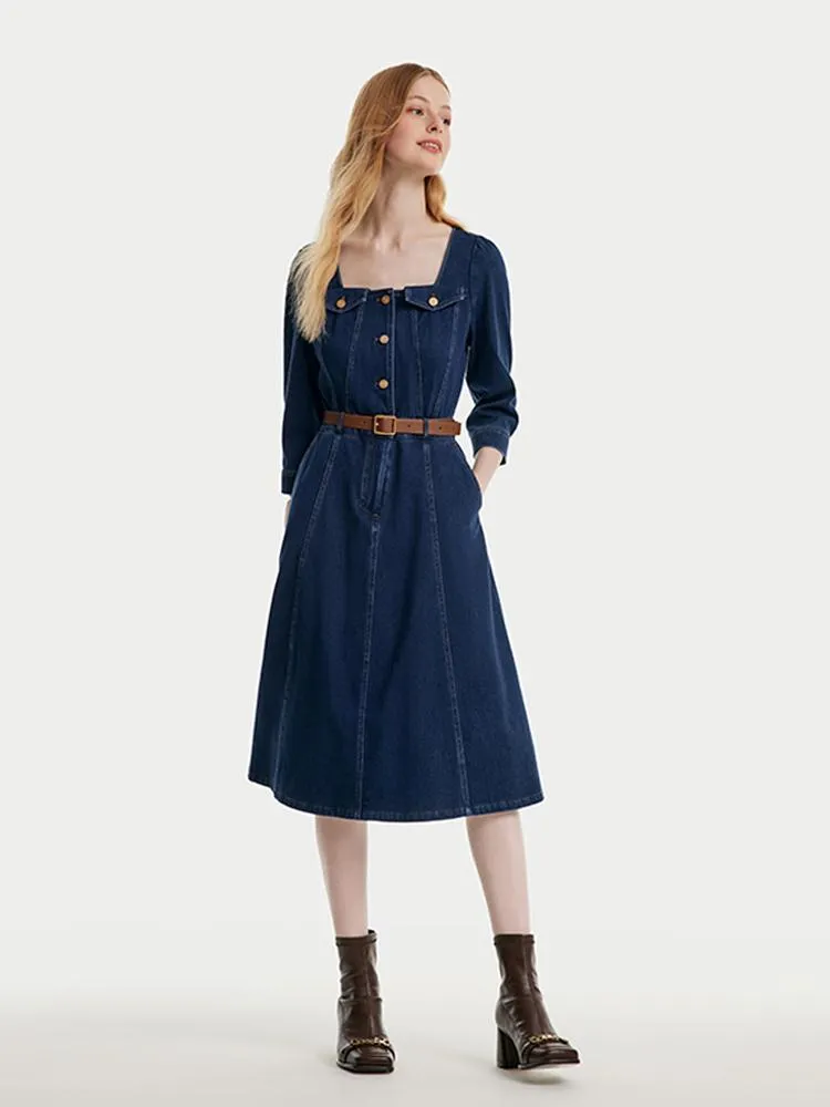 Square Neck Knit Denim Midi Dress With Belt sold by Goelia
