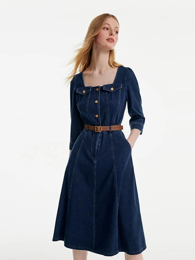 Square Neck Knit Denim Midi Dress With Belt sold by Goelia product image thumbnail 2