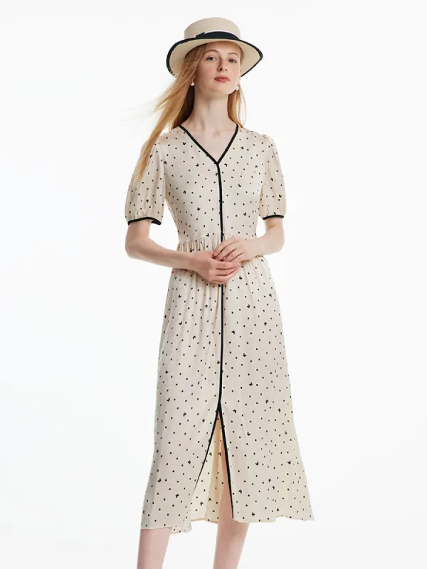 Beige V-Neck Print Midi Dress sold by Goelia