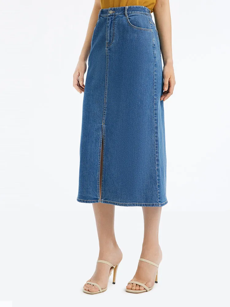 Slit Washed Denim Half Women Skirt sold by Goelia