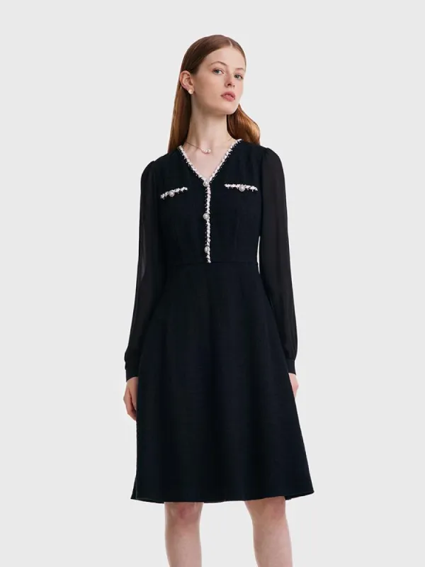 Mesh Sleeve V-Neck Midi Dress sold by Goelia