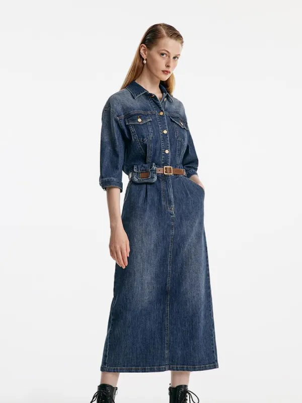 Shirt-Style Denim Maxi Dress With Belt And Waist Bag made by Goelia