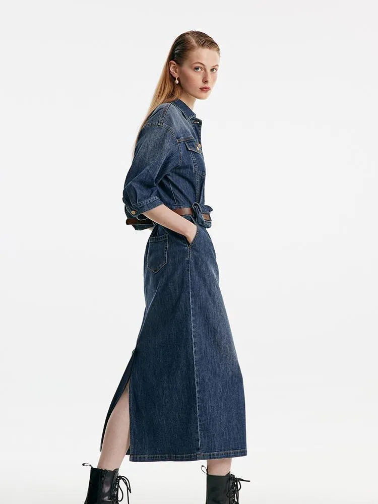 Shirt-Style Denim Maxi Dress With Belt And Waist Bag sold by Goelia product image thumbnail 5