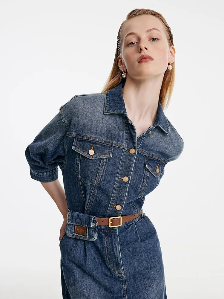 Shirt-Style Denim Maxi Dress With Belt And Waist Bag sold by Goelia product image thumbnail 3