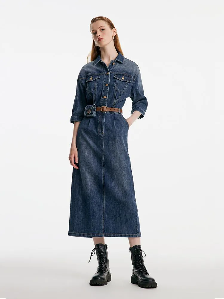 Shirt-Style Denim Maxi Dress With Belt And Waist Bag sold by Goelia product image thumbnail 2