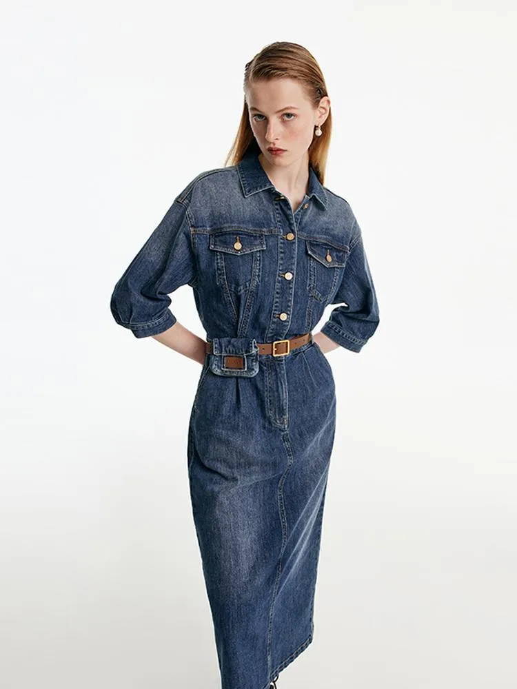 Shirt-Style Denim Maxi Dress With Belt And Waist Bag sold by Goelia product image thumbnail 4