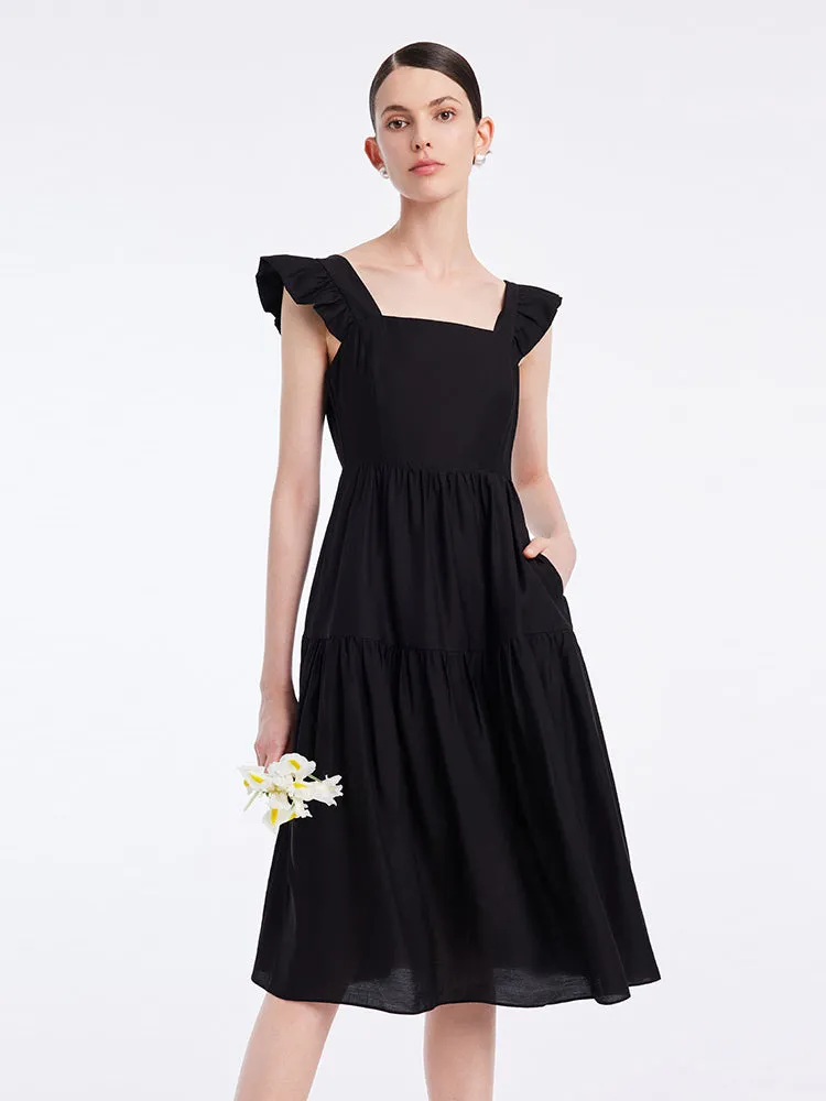 Black Acetate Ruffle Sleeve Midi Dress sold by Goelia