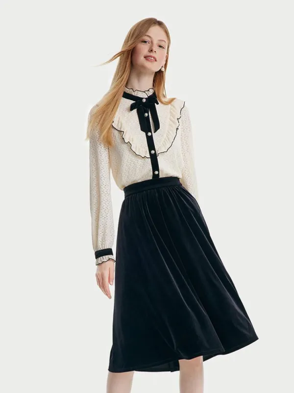 Lace Ruffle Shirt And Velvet Women Skirt Two-Piece Set sold by Goelia