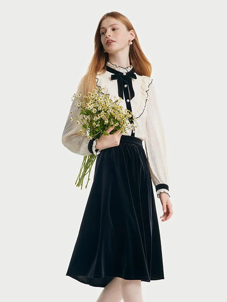 Lace Ruffle Shirt And Velvet Women Skirt Two-Piece Set sold by Goelia product image thumbnail 2