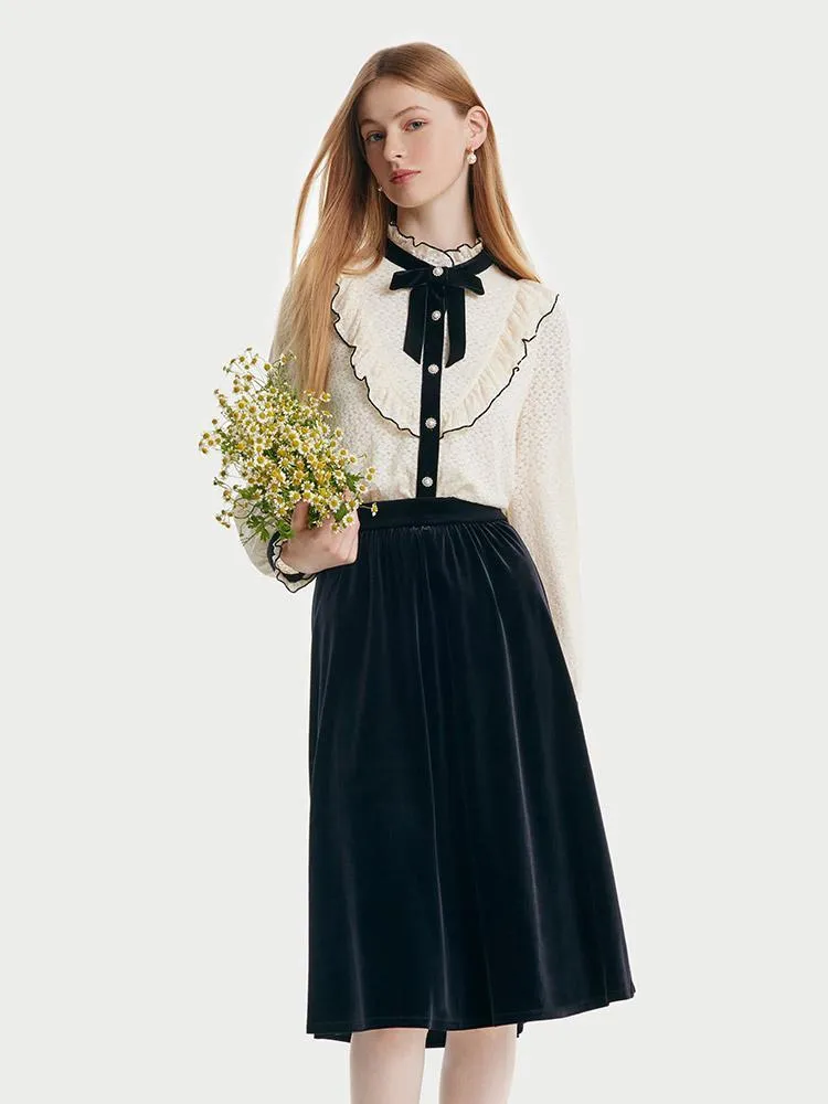 Lace Ruffle Shirt And Velvet Women Skirt Two-Piece Set sold by Goelia product image thumbnail 4