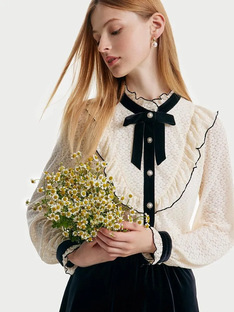 Lace Ruffle Shirt And Velvet Women Skirt Two-Piece Set sold by Goelia product image thumbnail 3