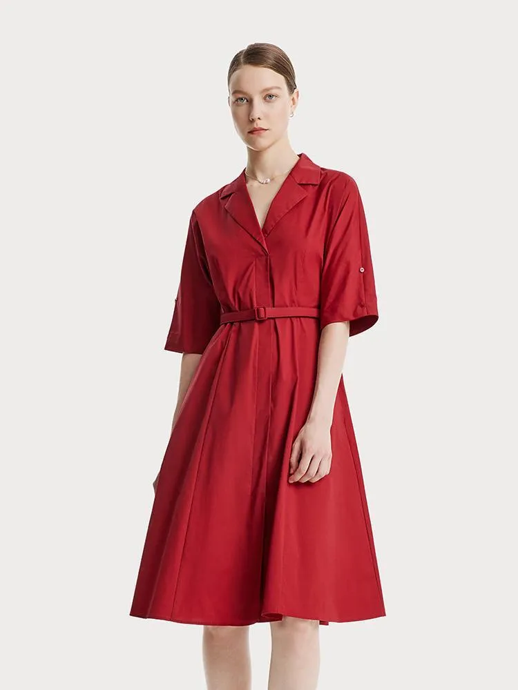 Red Lapel Cotton Midi Dress sold by Goelia